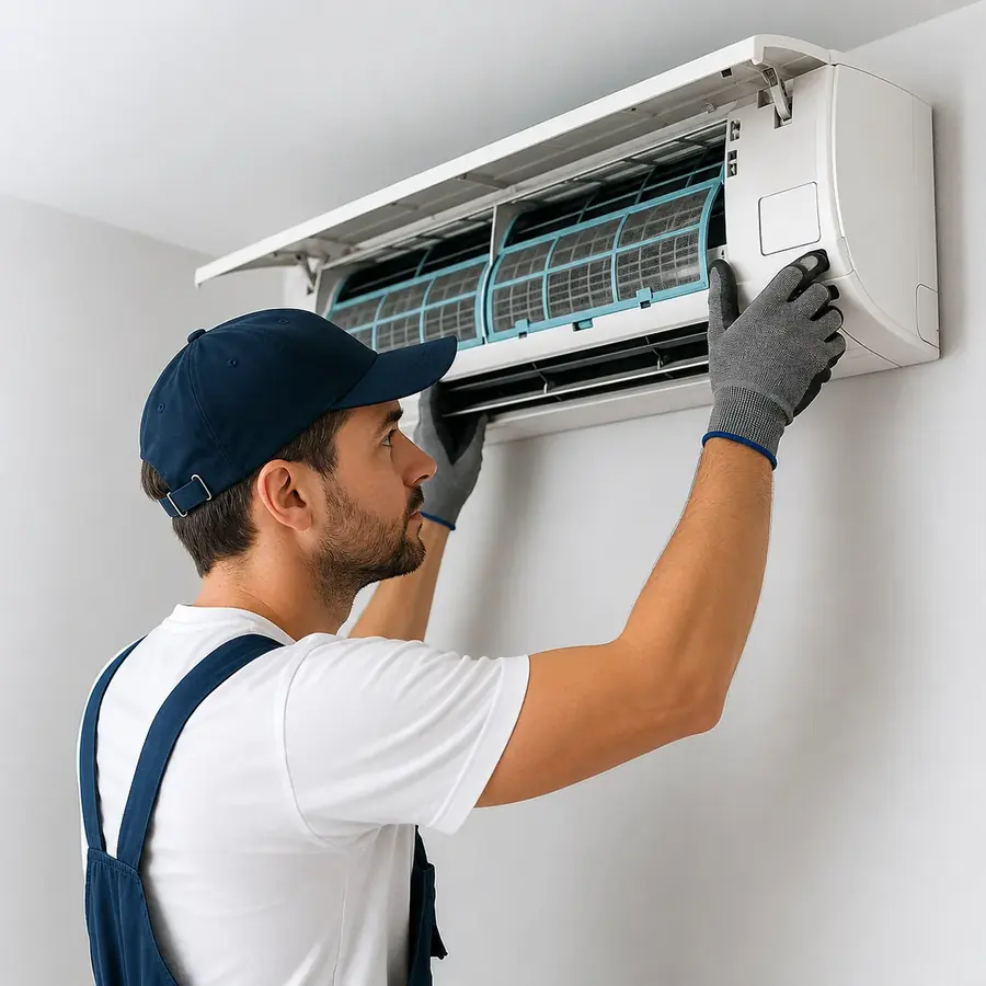 Tecnico durante la riparazione del condizionatore a domicilio a Treviso